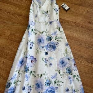 NWT Adrianna Papell Printed Jacquard Dress Size 0 White Blue Floral
